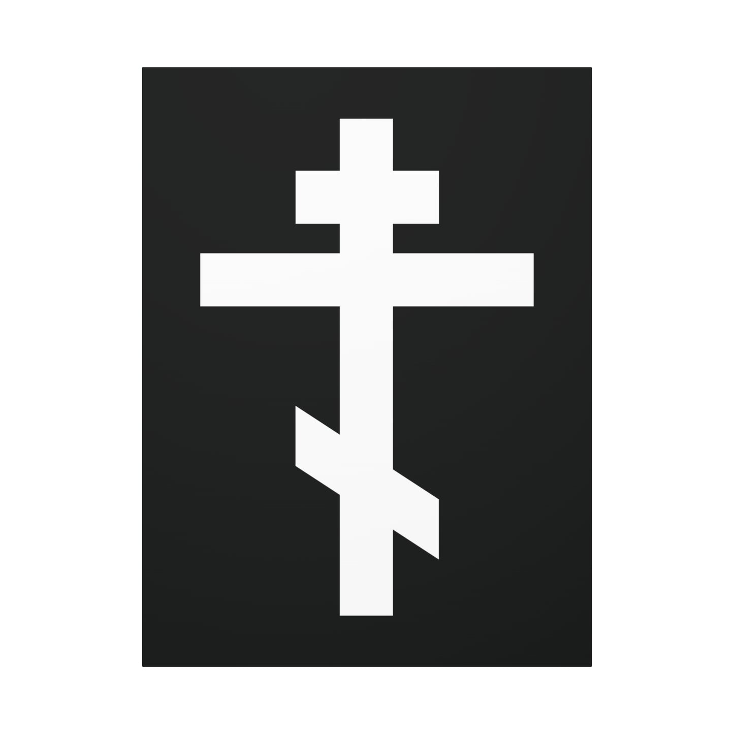 The White Orthodox Cross | "May I never boast, except in the cross of our Lord Jesus Christ" (Gal 6:14) | Orthodox Canvas Art features a striking white three-bar cross on a black background.