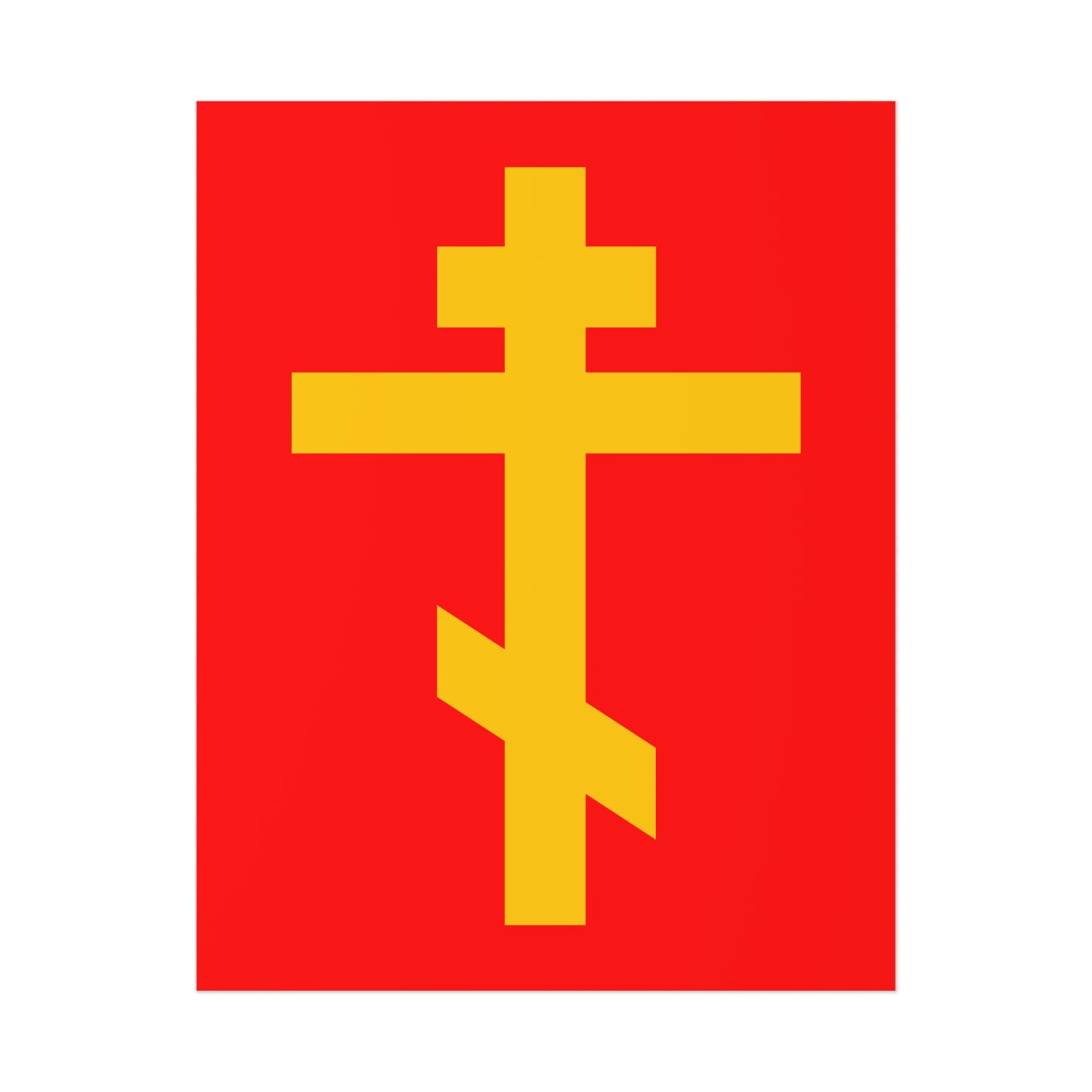 The Yellow Orthodox Cross Red Background poster features a yellow cross on red, symbolizing the Precious and Life-Giving Weapon of Unseen Warfare and the Scourge of Demons—Orthodox art inspired by faith.