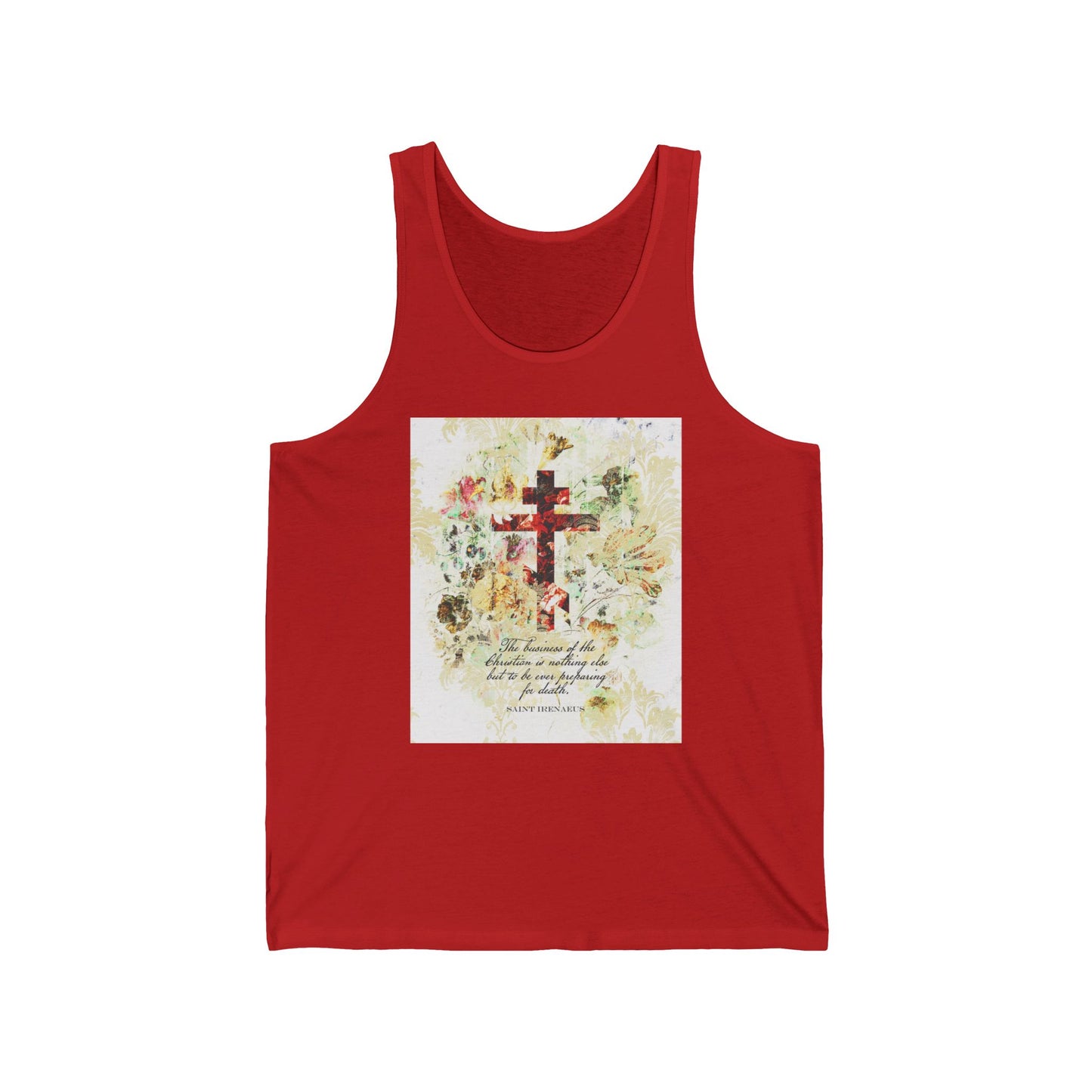Preparing For Death | White & Beige Floral Scrapbook Texture Cross | Arts & Crafts Style | St Irenaeus | Orthodox Christian Jersey Tank Top