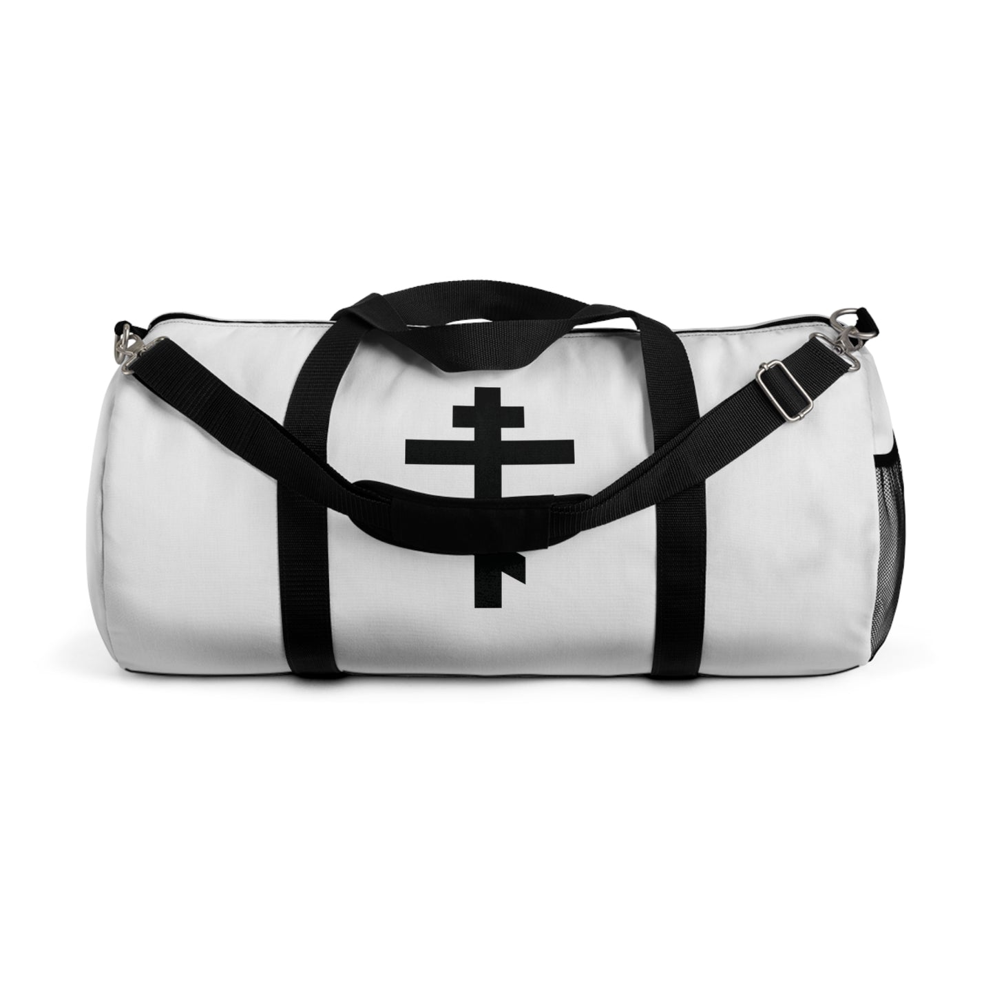 Black Orthodox Cross gym duffel bag featuring black straps and a double-barred cross, inspired by St John Chrysostom and the Orthodox hymn tradition. Includes Galatians 6:14: "May I never boast, except in the cross of our Lord Jesus Christ.