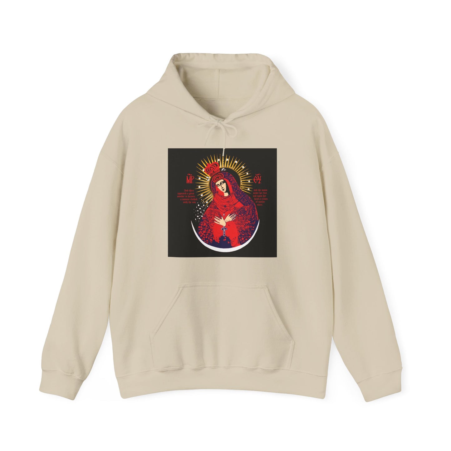 Sand-colored hoodie with a red, blue, and gold graphic of Our Lady the Gate of Dawn (Theotokos Crowned), inspired by Vilnius icon tradition—a unique Orthodox Christian design: Woman of the Apocalypse.
