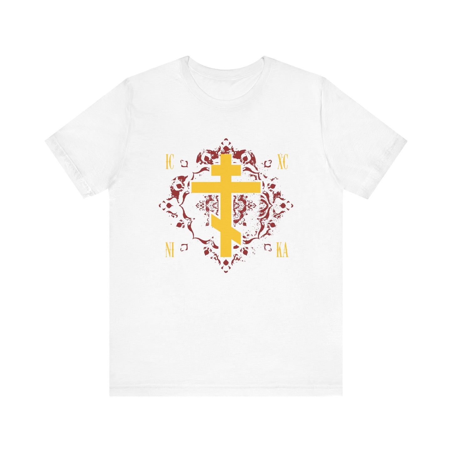 White t-shirt featuring the "ICXC NIKA Yellow Orthodox Cross on Ornate Red Background" design, with Jesus Christ Conquers in bold yellow Cyrillic letters encircling the cross. Inspired by St Kosmas Aitolos, this Christian lightweight cotton unisex tee reflects the grace of sonship through its elegant red and gold details.