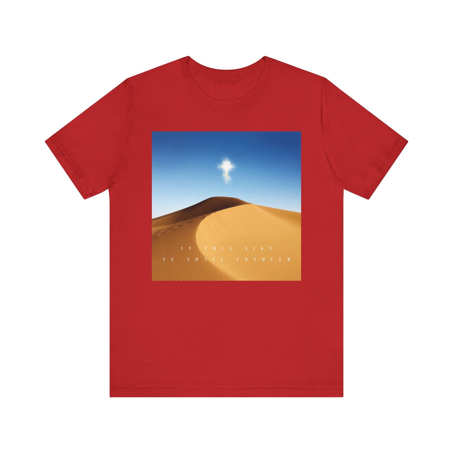 Red unisex tee with desert sun scene and "The Cross is the Might of Kings"—Orthodox Christian design. Inspired by the Elevation of the Cross. Lightweight cotton. Product: In This Sign Ye Shall Conquer Desert Sun Scene.