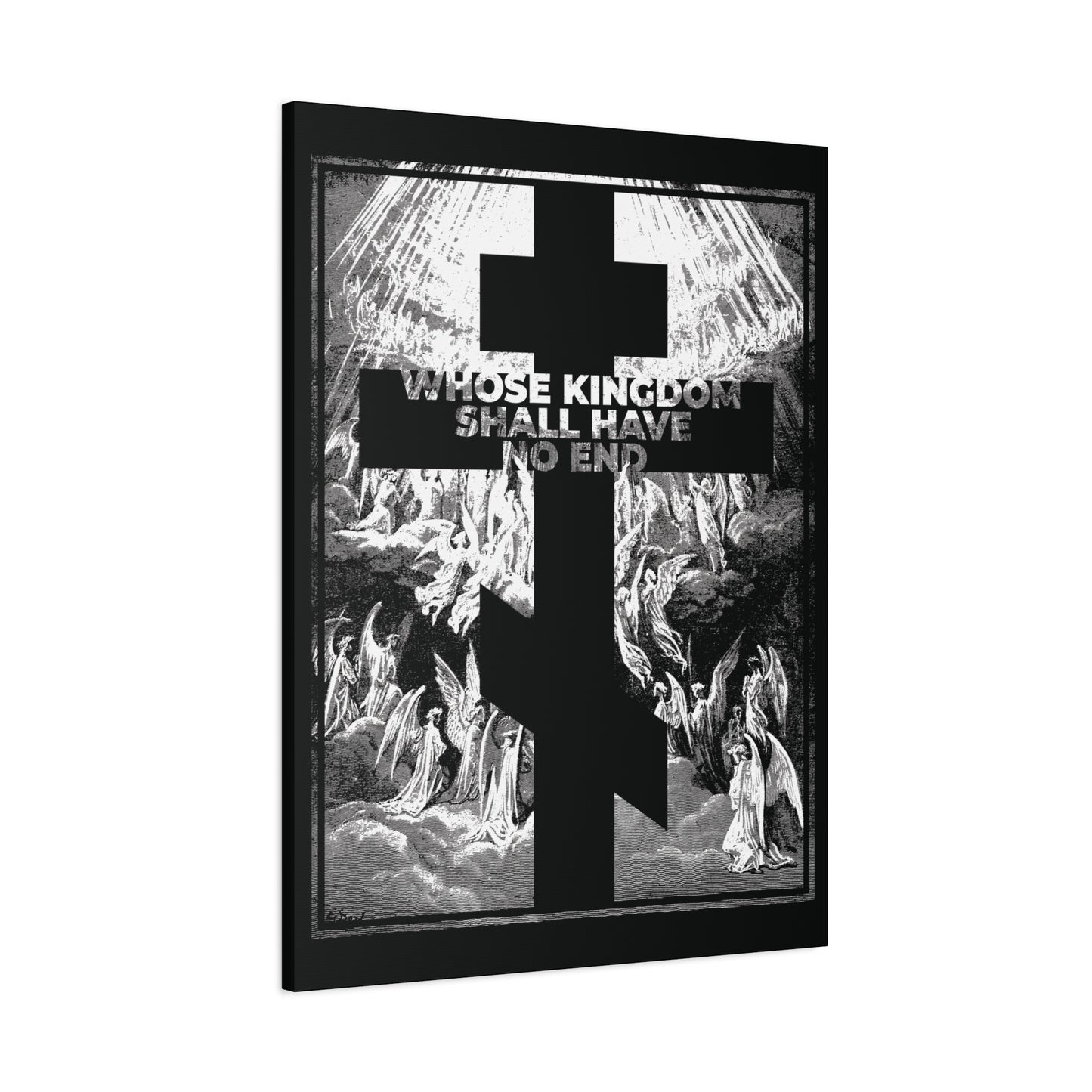 Black three-bar cross with angels and "WHOSE KINGDOM SHALL HAVE NO END" in white, inspired by the Nicene Creed. Features grayscale Gustave Dore etching—Orthodox wall art: Whose Kingdom Shall Have No End | Apocalypse | Revelation.