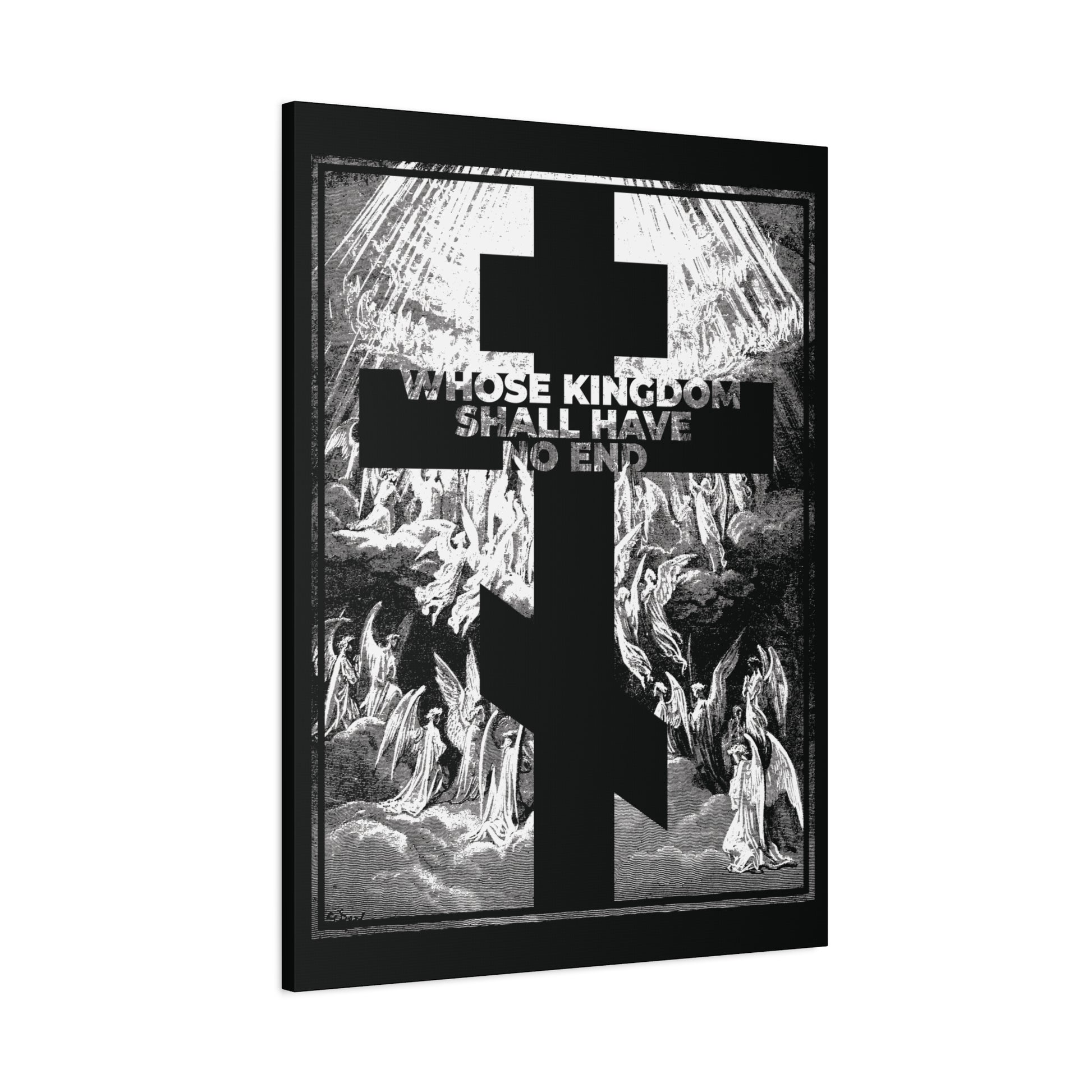 Black three-bar cross with angels and "WHOSE KINGDOM SHALL HAVE NO END" in white, inspired by the Nicene Creed. Features grayscale Gustave Dore etching—Orthodox wall art: Whose Kingdom Shall Have No End | Apocalypse | Revelation.
