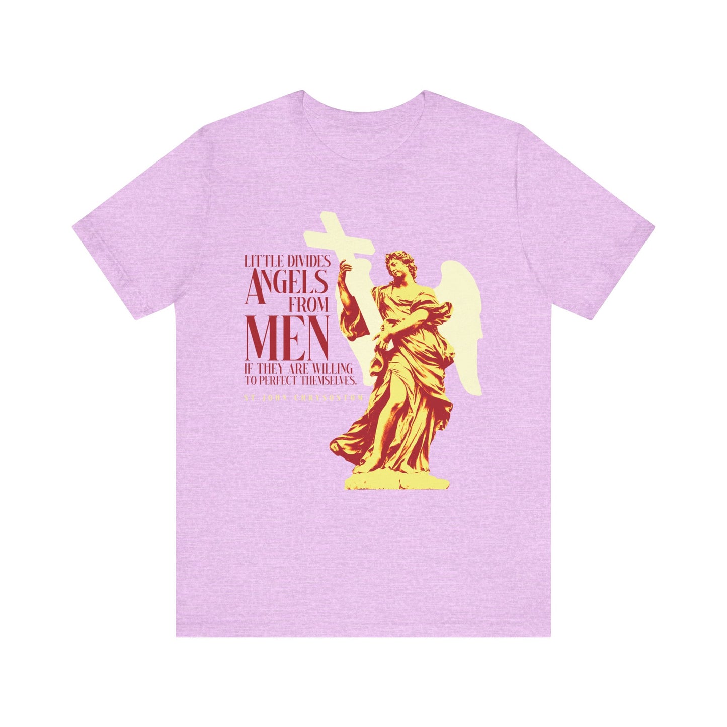 Heather Prism Lilac tee featuring a yellow angel statue and red text: "Little divides angels from men if they are willing to perfect themselves"—a St John Chrysostom quote. Orthodox Christian unisex lightweight cotton shirt.