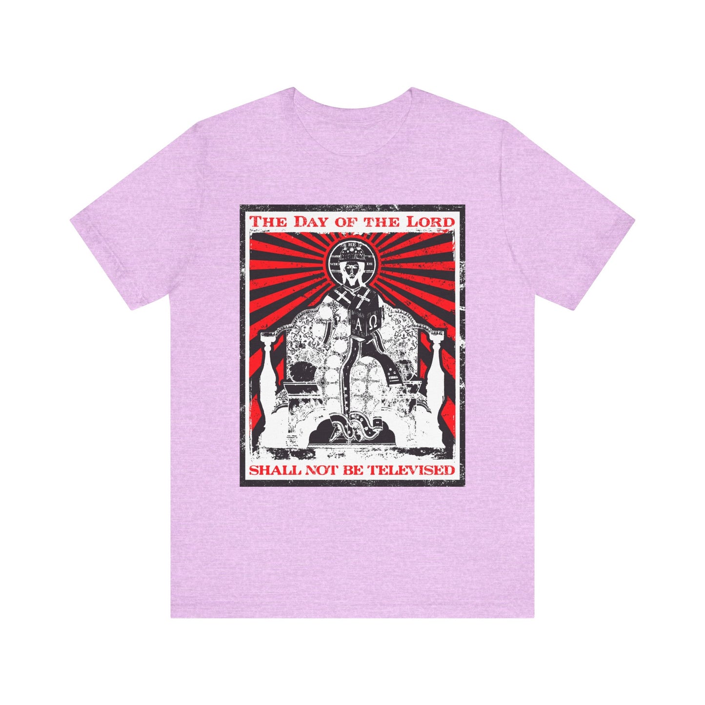 Showcase your Christian faith with this Heather Prism Lilac lightweight cotton unisex tee, featuring a bold graphic and the powerful message: "The Day of the Lord Shall Not Be Televised." Inspired by themes of Revelation and the Second Coming, this Jesus Christ iconographic shirt makes a striking statement rooted in biblical truth.