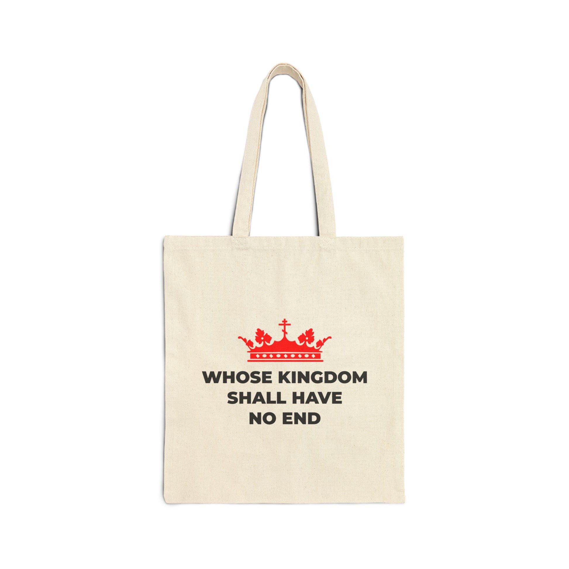 The "Whose Kingdom Shall Have No End" cotton tote bag features a red Orthodox cross crown and Nicene Creed text, celebrating Christ’s eternal reign and Christian eschatology.