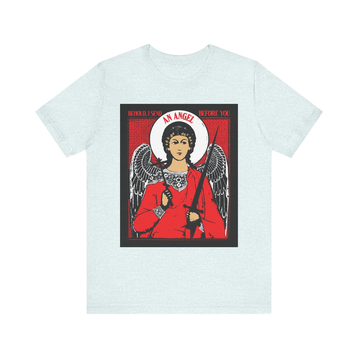 Heather Ice Blue unisex cotton tee featuring a guardian angel with cross and sword; text: “Behold I Send an Angel Before You (Ex 23:20)”—a reminder of divine protection.