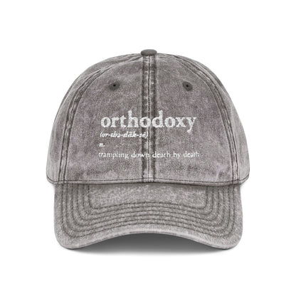 Orthodoxy Definition: Trampling Down Death By Death | Christ is King | Memento Mori | Pascha | Minimalist Christian Distressed Embroidered Cap