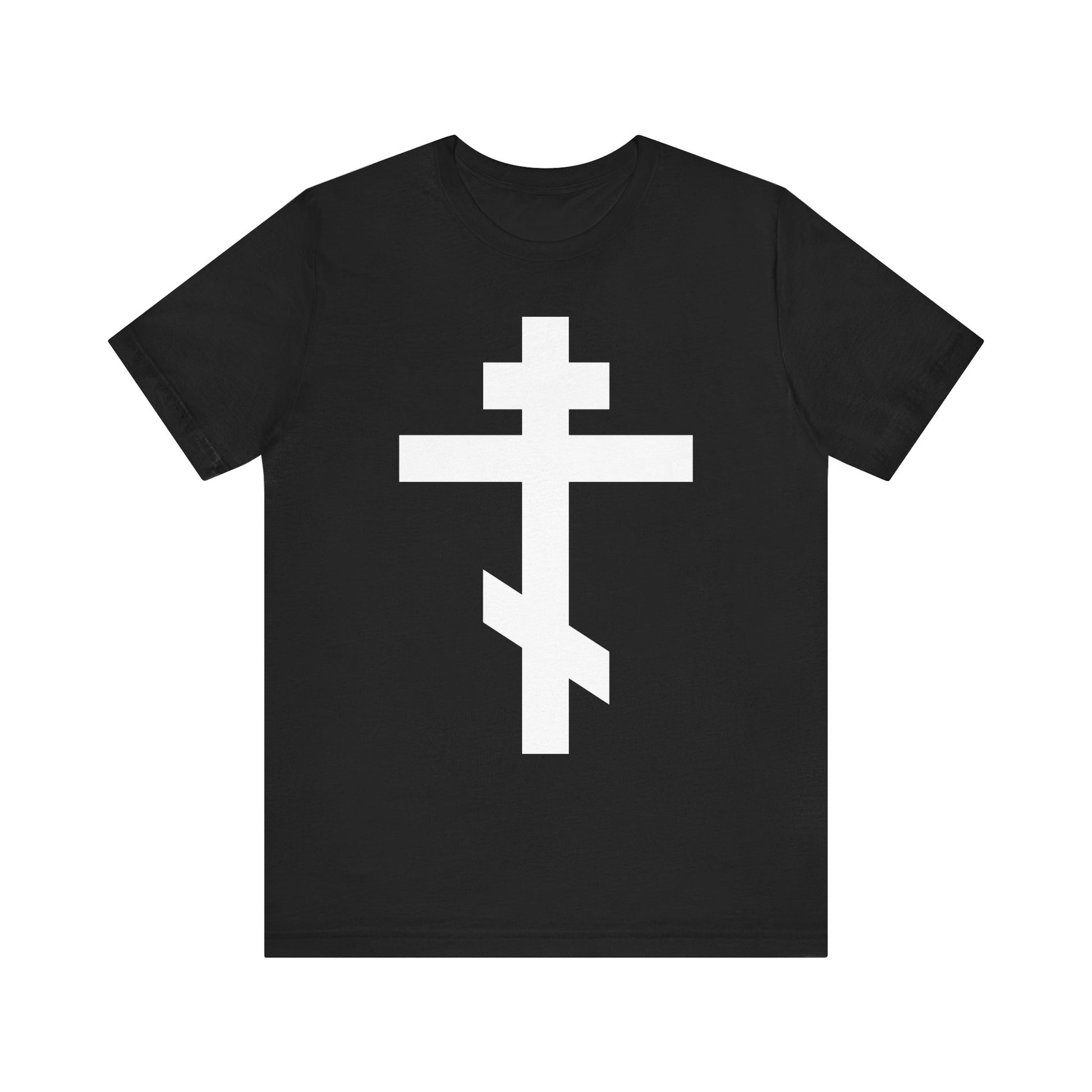 Black "Large White Orthodox Cross" Christian lightweight cotton unisex tee, featuring a prominent white Orthodox cross printed on the front with the inscription "By the power of Thy Cross do Thou preserve Thy people," inspired by St. John of Kronstadt and symbolizing a timeless reminder of salvation.