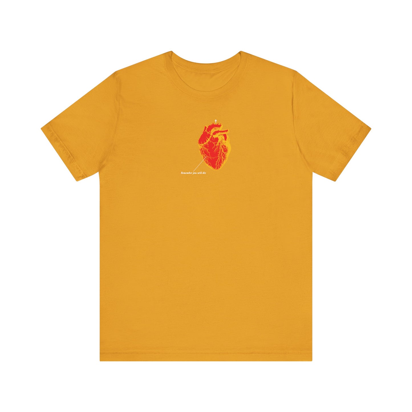 Mustard unisex tee featuring a red & orange antique medical textbook heart design with "Remember You Will Die" Memento Mori Christian theme, made of lightweight cotton.