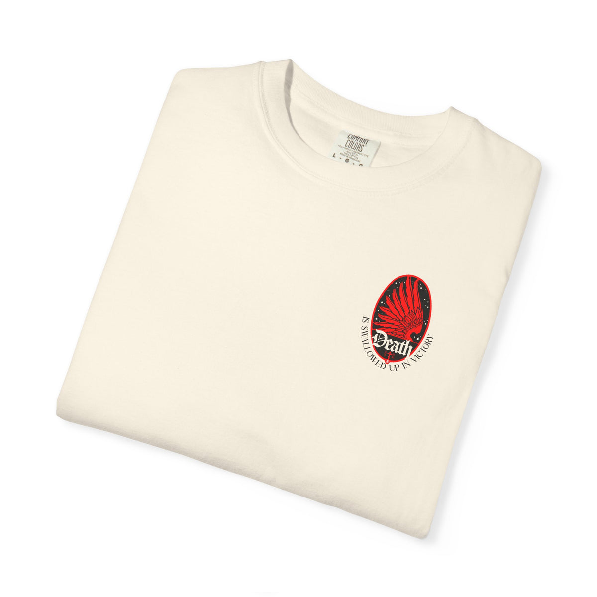 Off-white Death is Swallowed Up In Victory (1 Cor 15:54) Art Nouveau Eagle Wing & Stars t-shirt with an oval emblem.