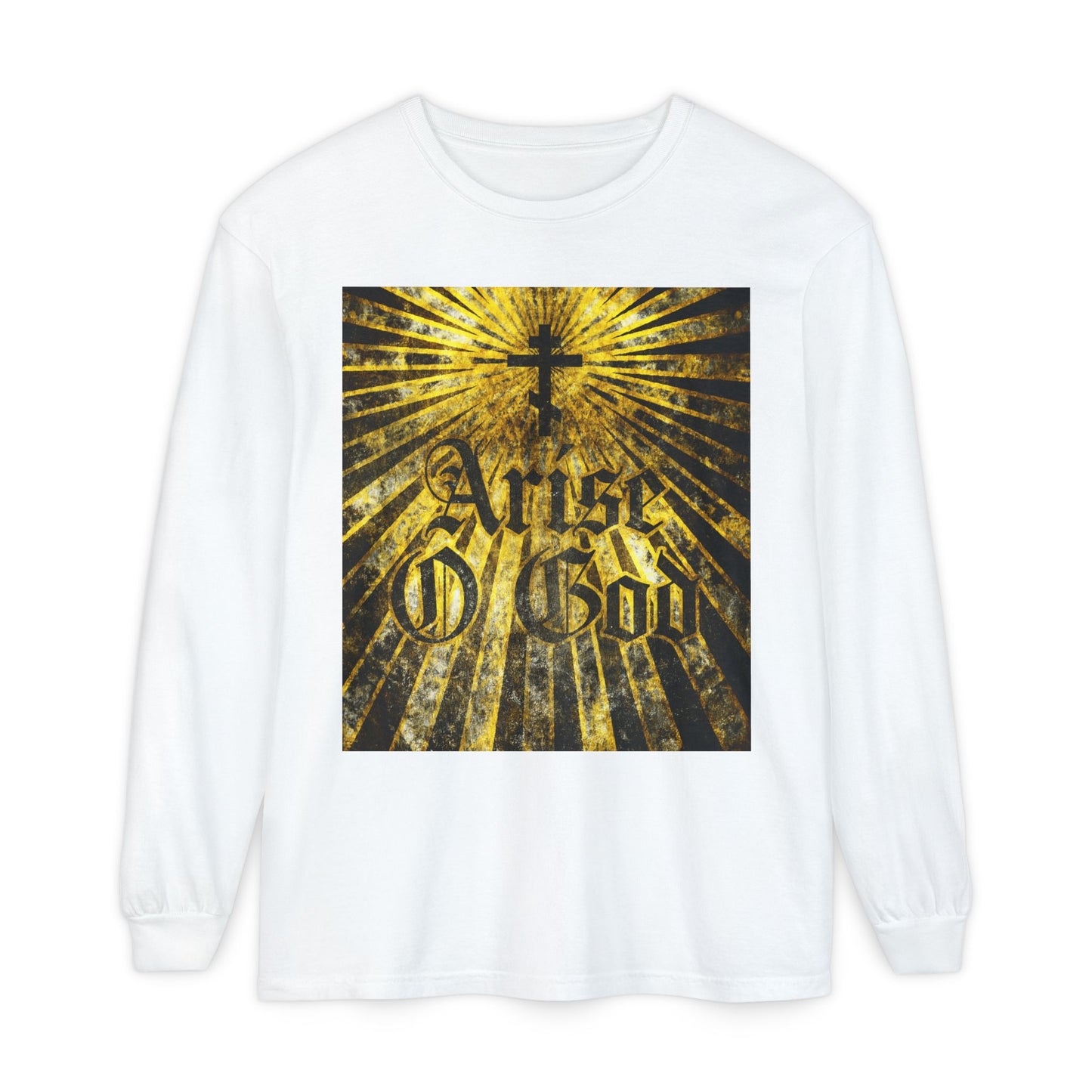 White long-sleeve shirt with “Arise O God” in textured Gothic font, Orthodox cross, and golden rays—a bold nod to Psalm 81 (82 LXX) and the Divine Council worldview.