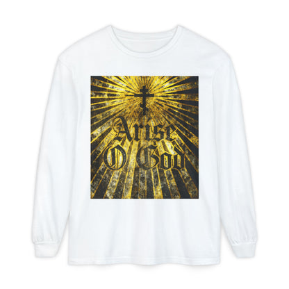White long-sleeve shirt with “Arise O God” in textured Gothic font, Orthodox cross, and golden rays—a bold nod to Psalm 81 (82 LXX) and the Divine Council worldview.