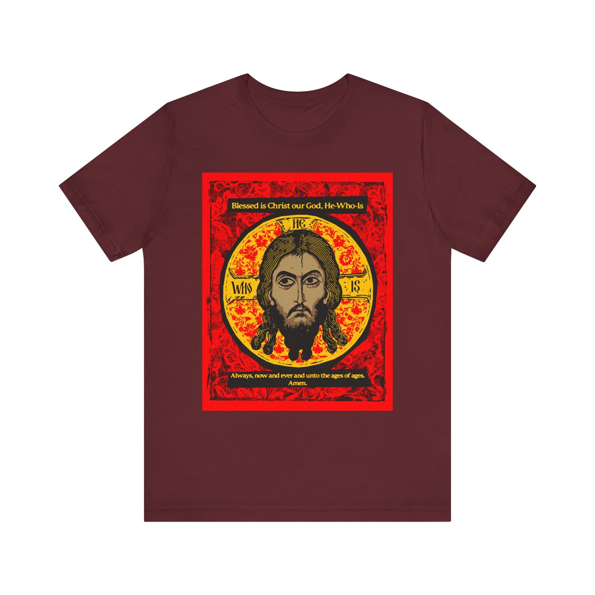 Maroon unisex tee featuring the "Made Without Hands" Jesus Christ Orthodox icon graphic, inspired by the Mandylion/Image of Edessa, in lightweight cotton.