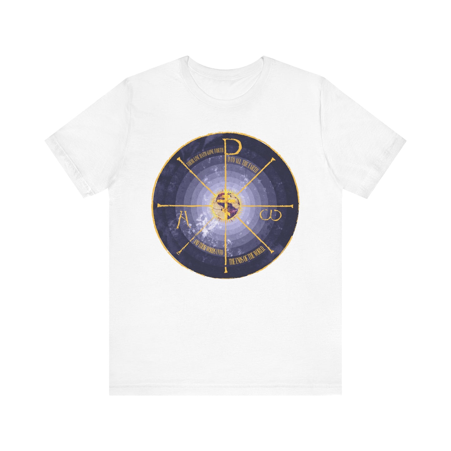 White Geocentric Cross & Chi Rho | Alpha & Omega blue-yellow medieval-style graphic on a lightweight cotton unisex Orthodox Christian tee.