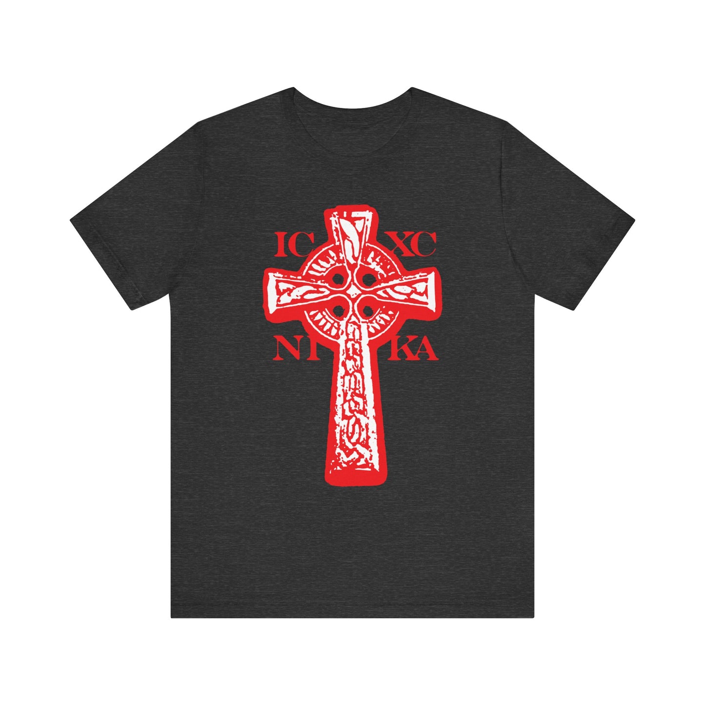 Dark Grey Heather t-shirt featuring the ICXC NIKA Celtic Knotwork Cross in bold black and white on a striking red background, with Greek letters symbolizing “Jesus Christ Conquers”—a powerful reminder of the Crucified Lamb of God.