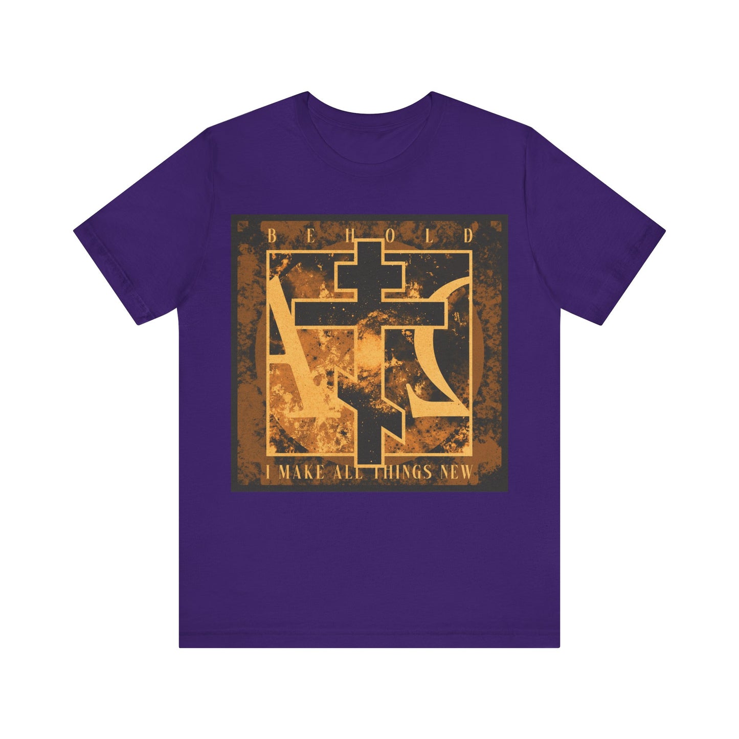 The "Behold, I Make All Things New" Orthodox Christian cotton T-shirt in Team Purple features a brown & orange Orthodox cross with Alpha & Omega on the front, inspired by Rev 21:5 and the promise of a new heaven and earth.
