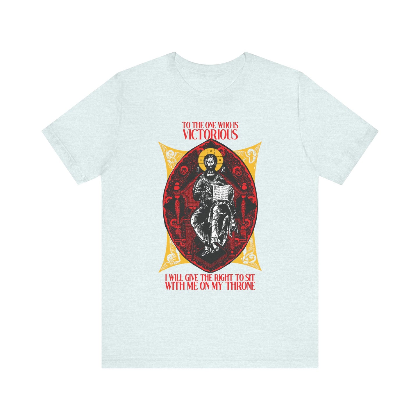 Heather Ice Blue unisex tee featuring "Christ is King, Enthroned In Glory IconoGraphic" and inspirational text from Rev 3:21 about victory and reigning with Christ; lightweight cotton, Orthodox Christian design.
