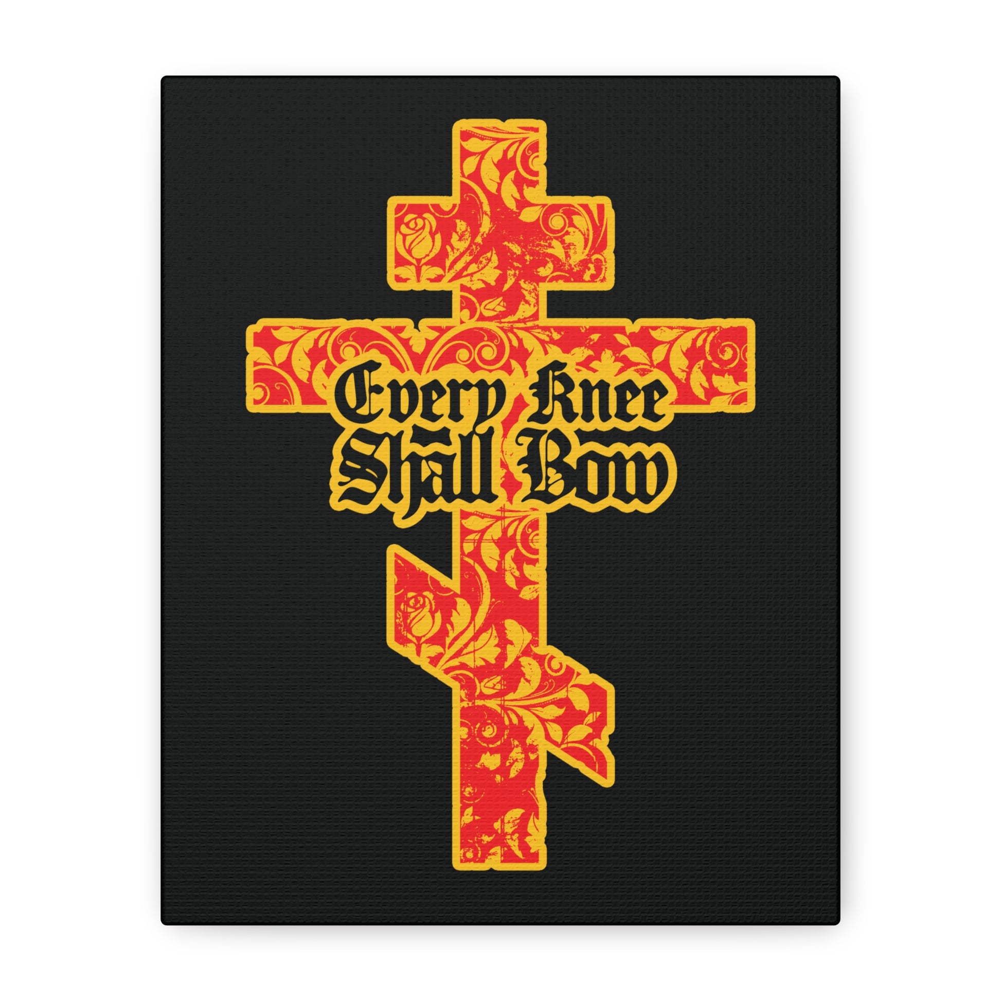 Every Knee Shall Bow (Isaiah 45:22-24, Phil 2:7-11) | Gold and Red Floral Texture Orthodox Cross with Gothic lettering on black background proclaims Jesus Christ is Lord; ideal Christian wall art.