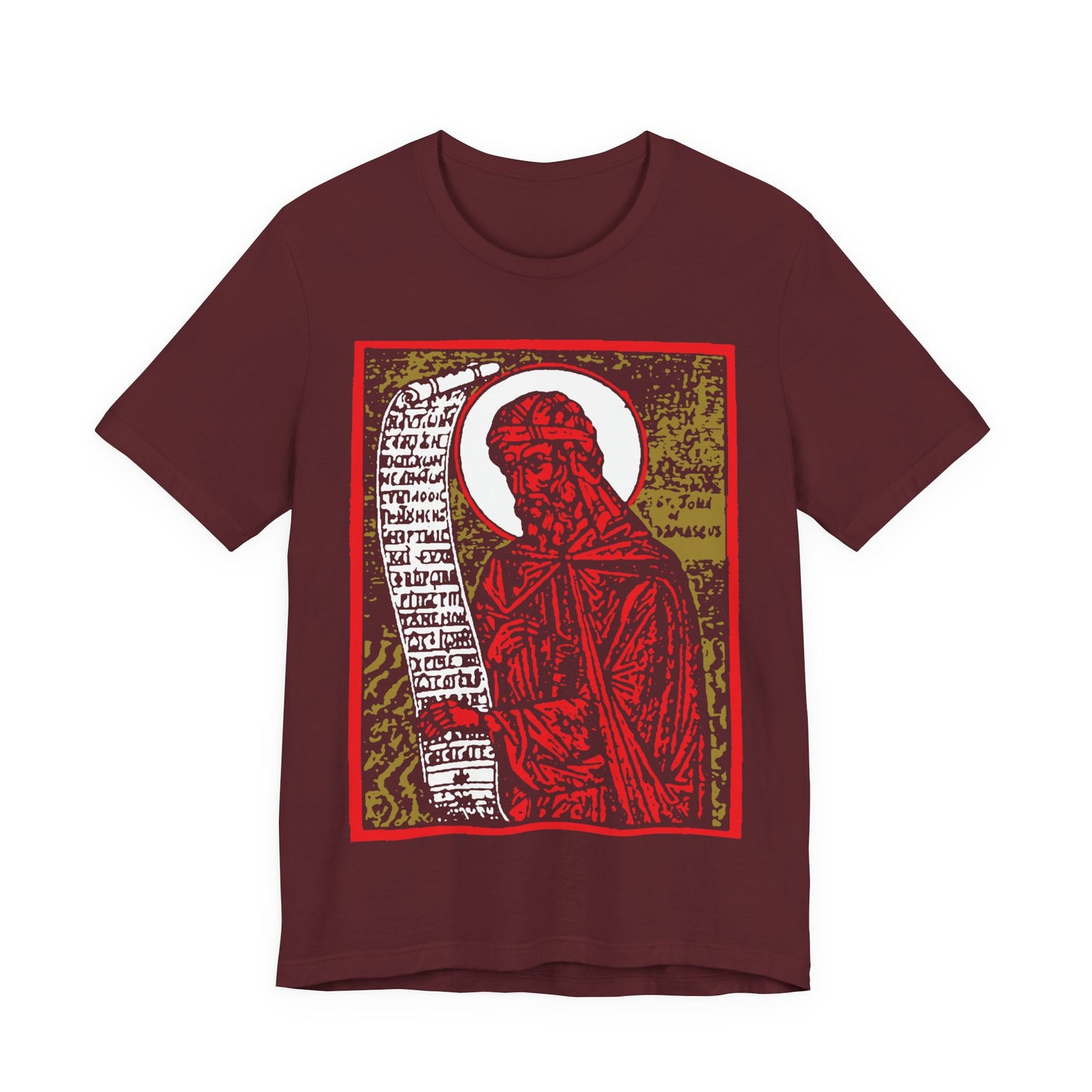 St. John of Damascus Icono-Graphic | Orthodox Christian Saint | Red Gold & Black High Contrast Design | Orthodox Christian Cotton T-Shirt