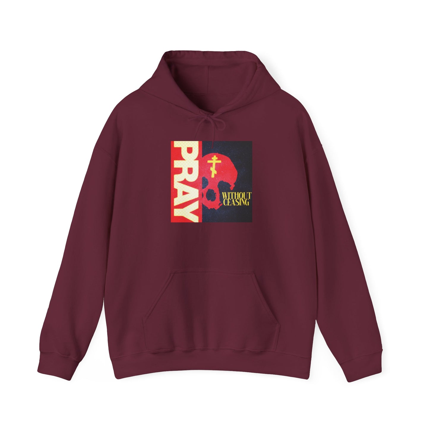 Pray Without Ceasing (1 Thess 5:16) | Red Skull w/ Yellow Orthodox Cross | Orthodox Christian Hoodie / Hooded Sweatshirt