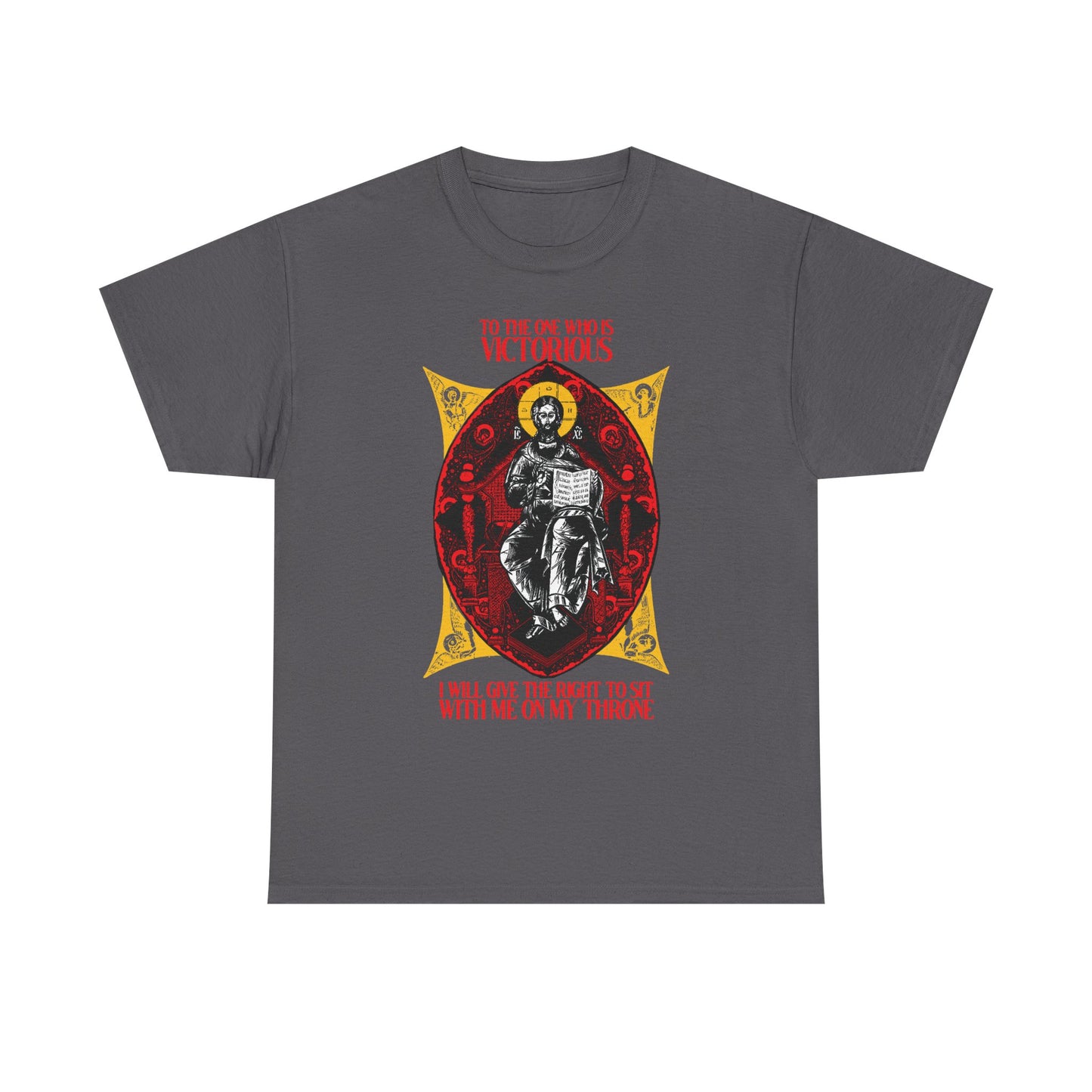 Charcoal "Christ is King, Enthroned In Glory IconoGraphic" unisex tee featuring an illustrated figure on a throne with bold text, inspired by Rev 3:21—ideal for those who wish to reign with Christ. Midweight cotton, Orthodox Christian design.