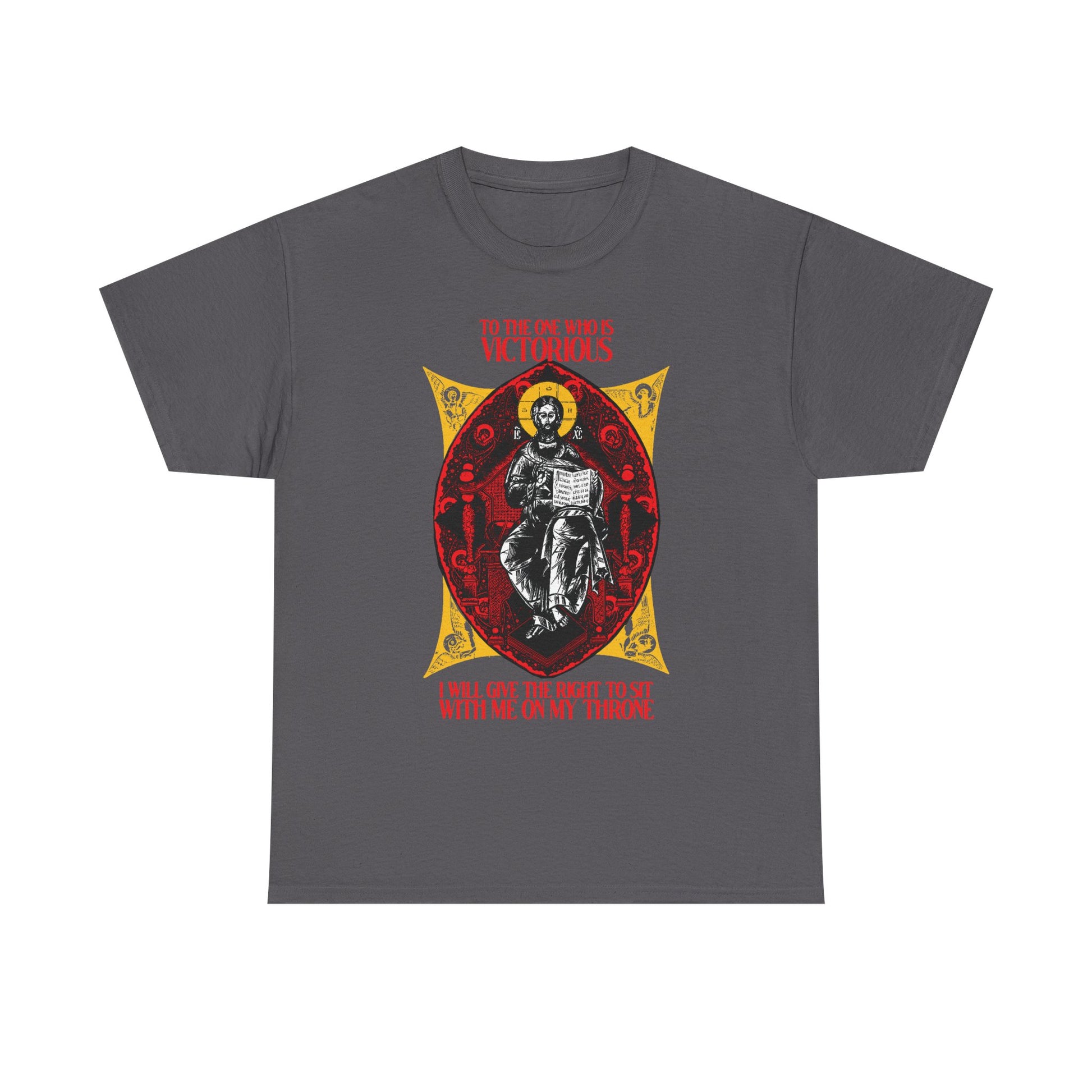 Charcoal "Christ is King, Enthroned In Glory IconoGraphic" unisex tee featuring an illustrated figure on a throne with bold text, inspired by Rev 3:21—ideal for those who wish to reign with Christ. Midweight cotton, Orthodox Christian design.