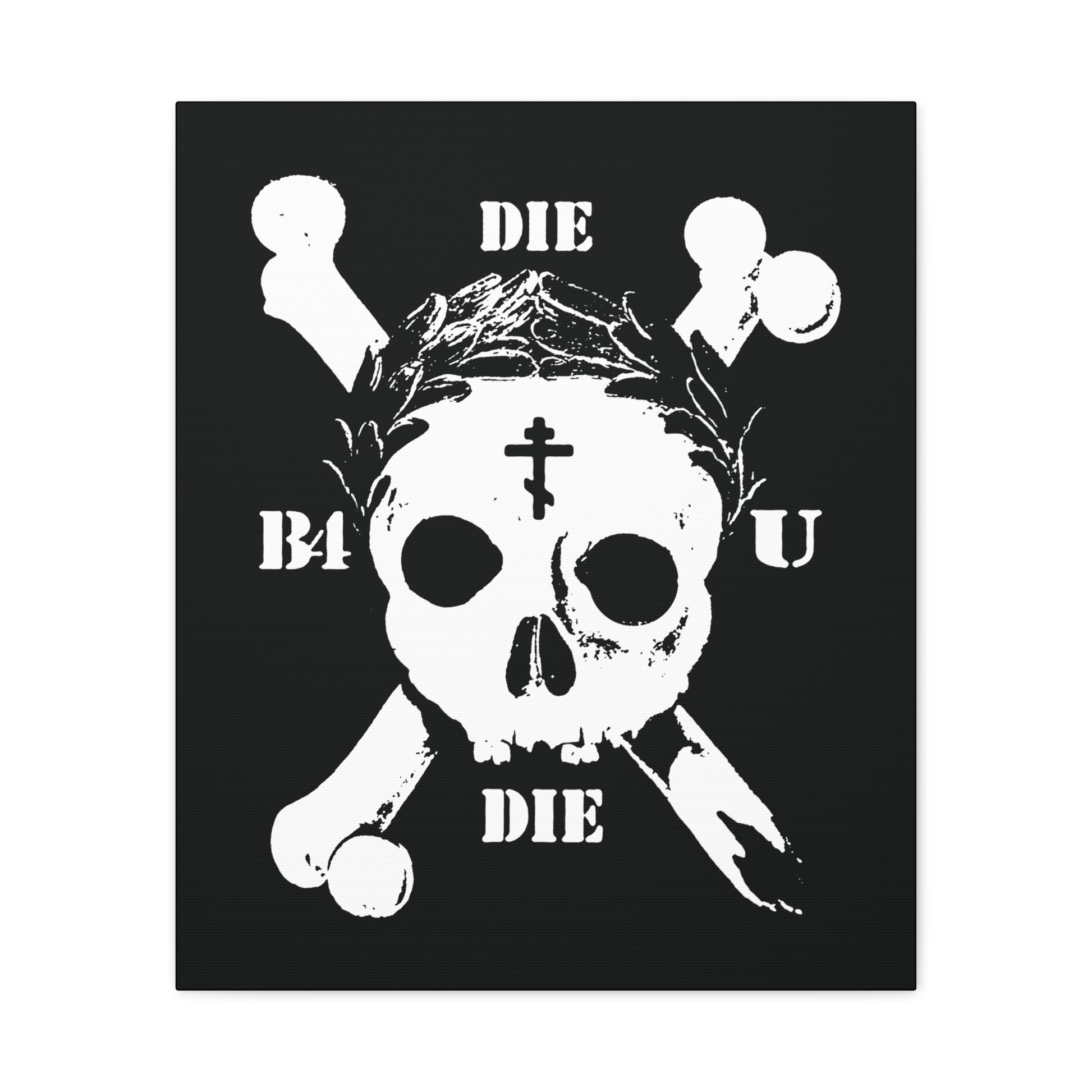 Die Before You Die | Retro Skull & Crossbones, Orthodox Cross, and Laurel Victory Wreath evoke memento mori and Matthew 16:24–25 in this ascetic Christian wall art—reminding us to take up the cross and deny ourselves.