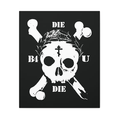 Die Before You Die | Retro Skull & Crossbones, Orthodox Cross, and Laurel Victory Wreath evoke memento mori and Matthew 16:24–25 in this ascetic Christian wall art—reminding us to take up the cross and deny ourselves.