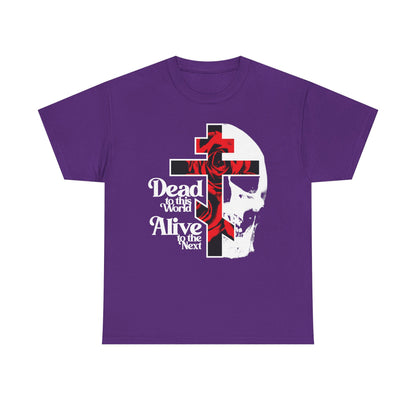Purple "Dead to this World" Orthodox Christian tee features a flower cross and skull in 70s typography—bestselling heavy cotton shirt inspired by spiritual ascent and renunciation themes.
