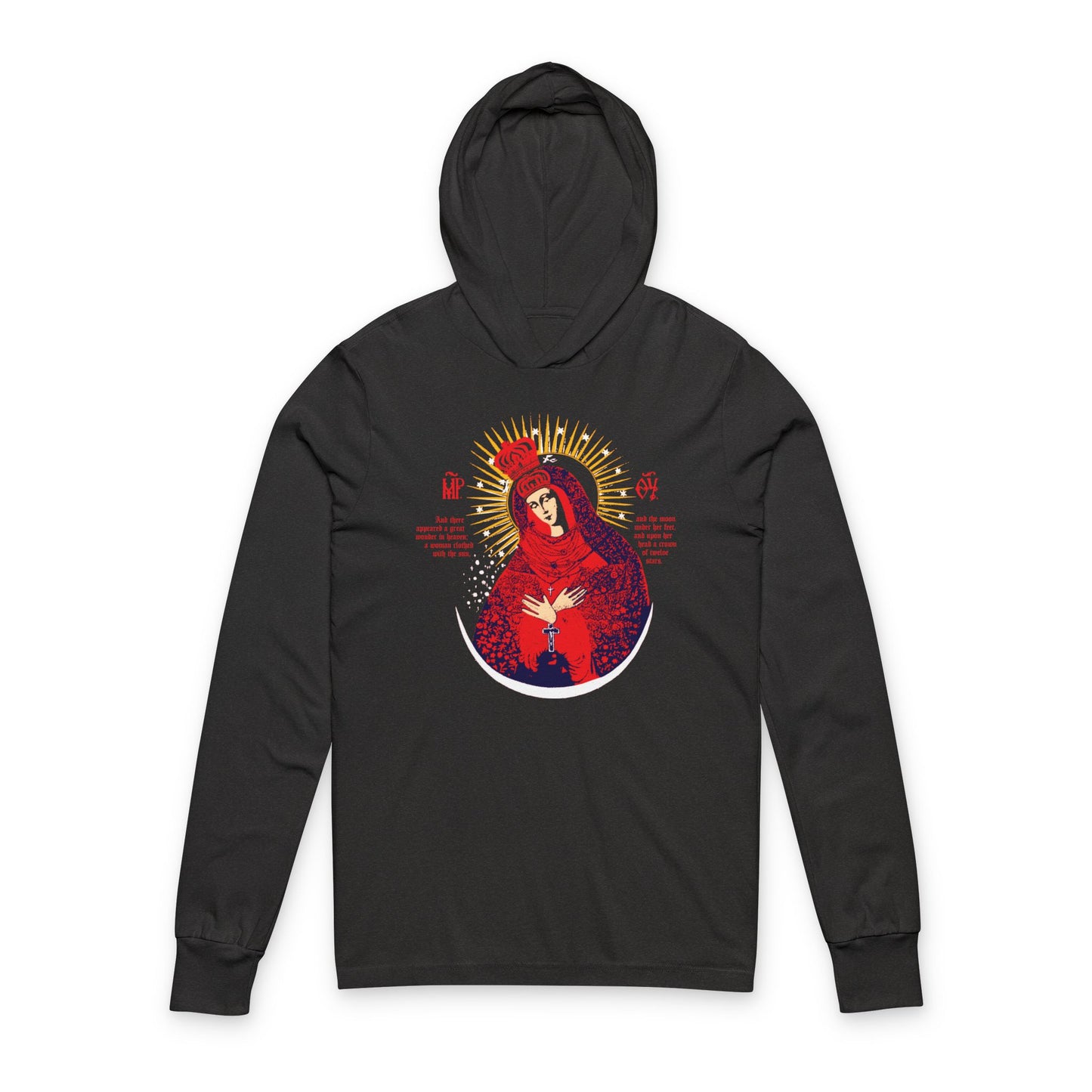 Our Lady the Gate of Dawn Icono-Graphic | Theotokos Crowned | Woman of the Apocalypse | Red Blue & Gold Design | Orthodox Hooded Shirt
