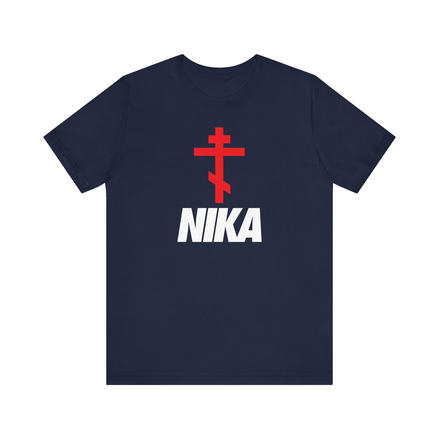 The Navy Orthodox Cross with Bold NIKA Text tee features a minimalist mashup design—a red Orthodox cross symbolizing “Jesus Christ Conquers” above bold white NIKA lettering. Made from lightweight cotton in an athletic ascetic style.