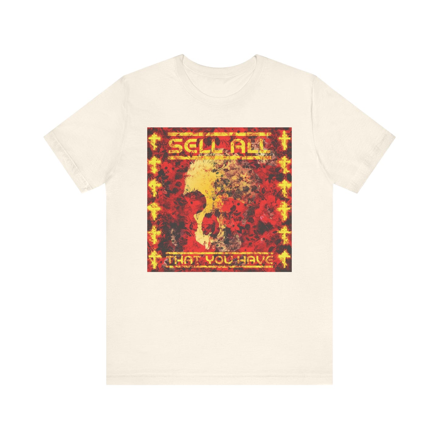Natural lightweight cotton unisex tee featuring a red and yellow abstract design with the text "SELL ALL THAT YOU HAVE" on the front, inspired by the commandments and teachings of Jesus Christ about eternal life. Product name: Sell All That You Have No. 1 | Orthodox Christian Lightweight Cotton Unisex Tee.