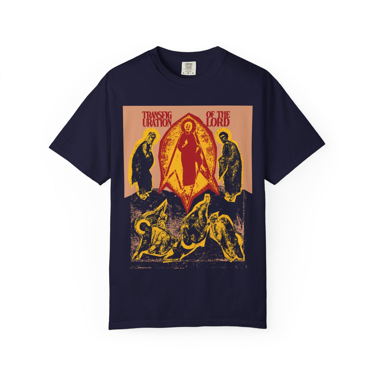 True navy heavyweight cotton unisex tee featuring a punk zine cut-out aesthetic with vintage-style icono-graphic art and the words “Transfiguration of the Lord” above religious figures, inspired by the Transfiguration of Jesus and elements from St. Ephraim the Syrian’s spiritual tradition.
