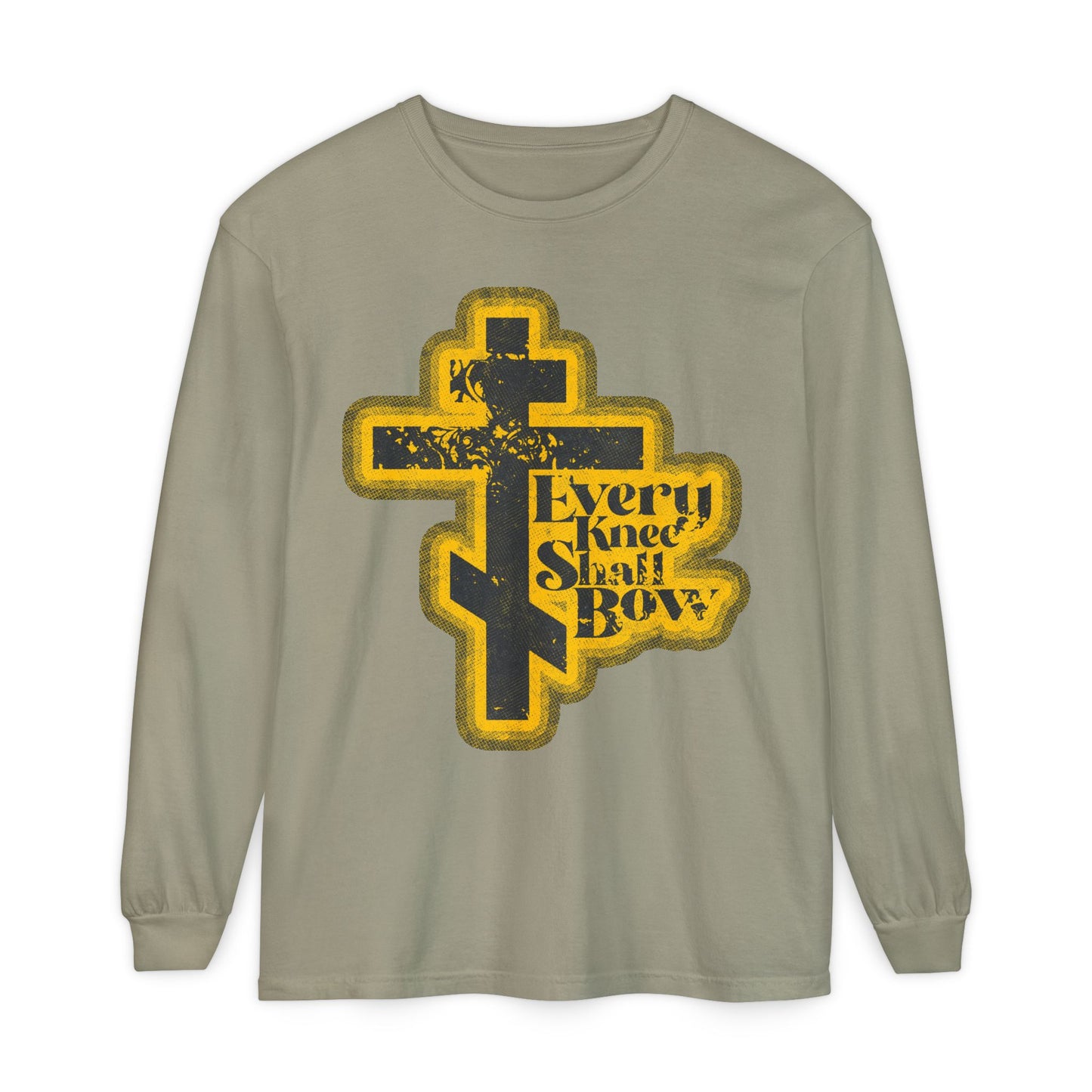 Sandstone long-sleeve shirt with a 70s distressed halftone comic book cross and "Every Knee Shall Bow" / "Jesus Christ is Lord," inspired by Philippians 2:10-11 & Isaiah 45:23. Orthodox Christian design on front.