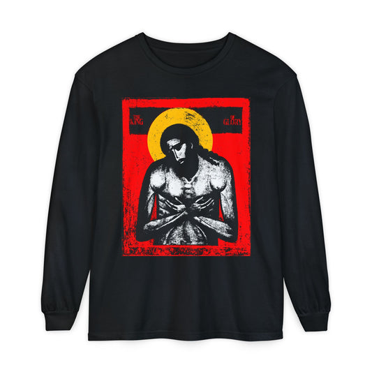 Black long sleeve "The King of Glory Jesus Christ 'Extreme Humility' IconoGraphic" shirt with red, yellow, white, and black Christian devotional graphic inspired by Isaiah 53 and the message of Jesus Christ.