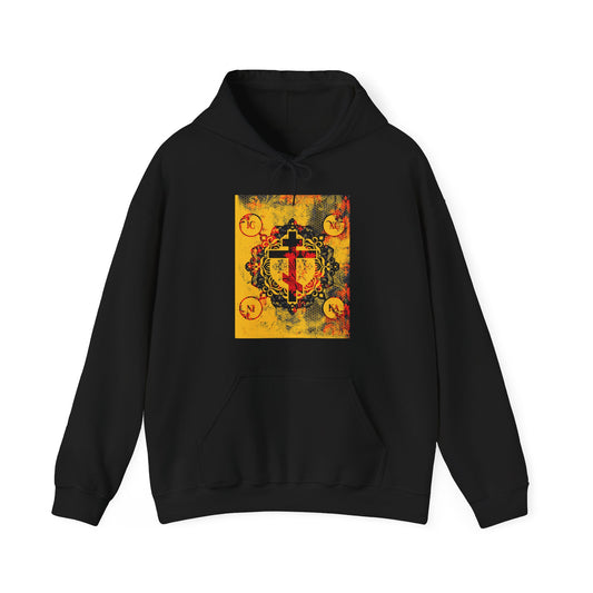 IC XC NIKA Orthodox Cross | Yellow & Red Modern & Medieval Textured Floral Design | Orthodox Christian Hoodie
