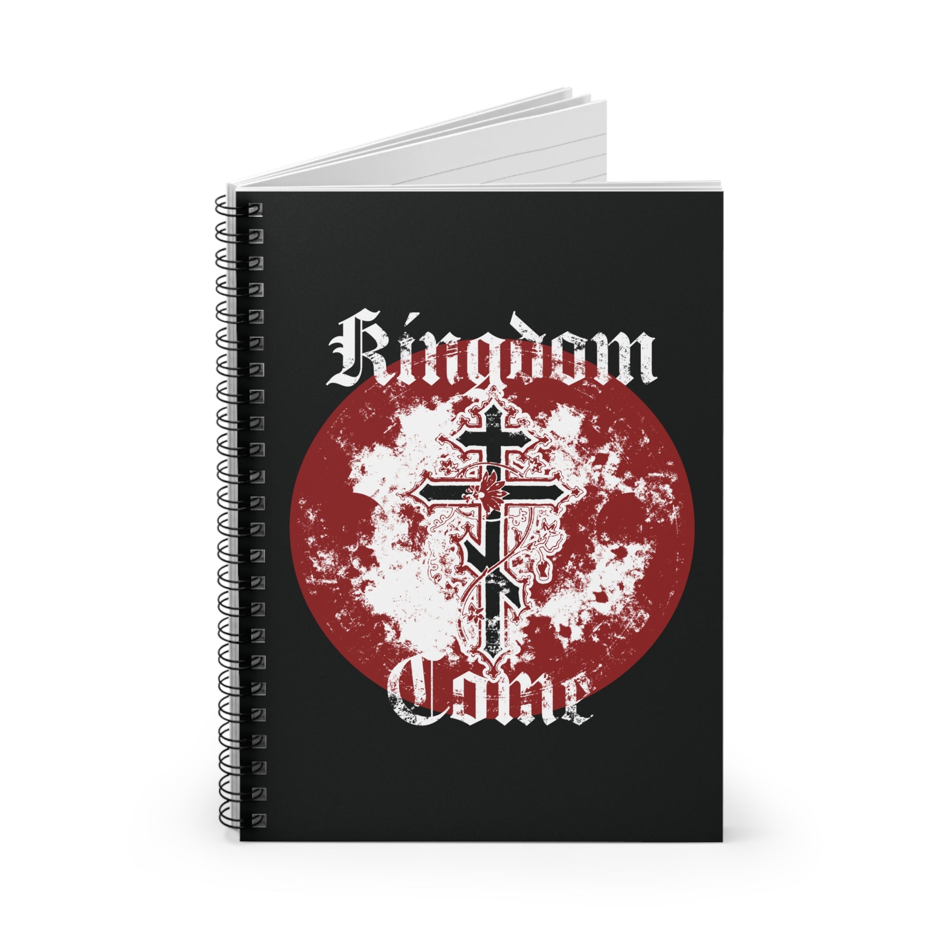 This Kingdom Come spiral notebook showcases the Lord's Prayer, Orthodox Cross with vine, and textured Gothic font—ideal for Orthodox Christians to jot down notes or prayers.