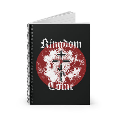 This Kingdom Come spiral notebook showcases the Lord's Prayer, Orthodox Cross with vine, and textured Gothic font—ideal for Orthodox Christians to jot down notes or prayers.