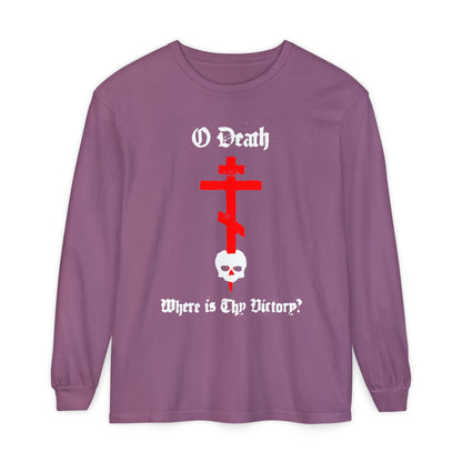 O Death Where is Thy Victory? 1 Cor 15:55 | Cross Stabbing Skull | Spraypaint Aesthetic | Orthodox Christian Long Sleeve Shirt