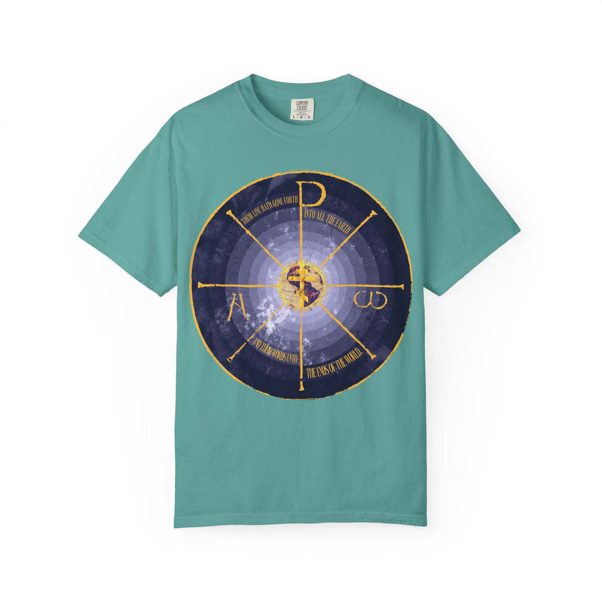 Seafoam heavyweight cotton unisex tee, titled “Geocentric Cross & Chi Rho | Alpha & Omega,” features a medieval-style graphic in blue and yellow with circular, celestial motifs, gold cryptic symbols and letters at the center, and subtle inclusion of a Christogram and Chi Rho design elements.