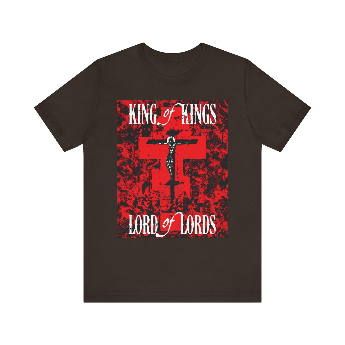 King of Kings, Lord of Lords | Christ Crucified Icono-Graphic | Red Cross Nature Texture w/ White Text | Lightweight Cotton Unisex Tee