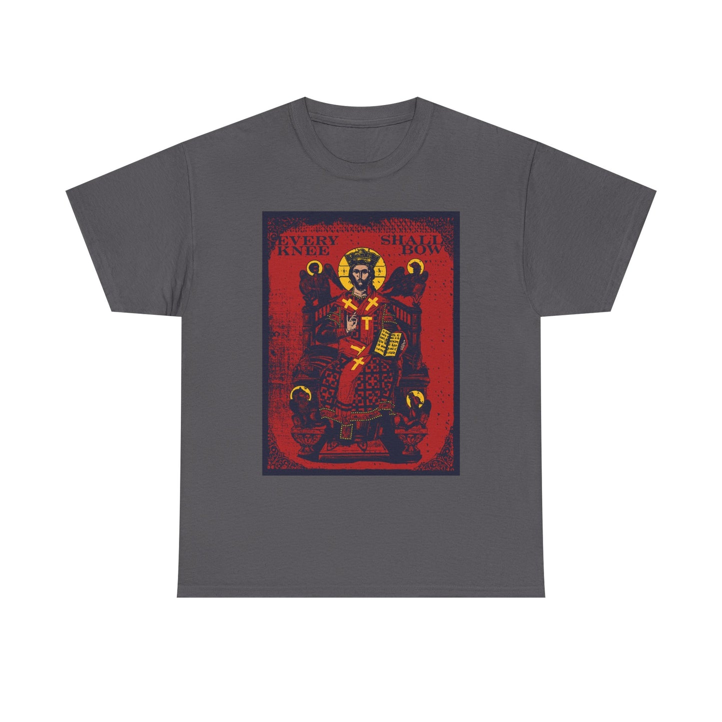 Charcoal "Every Knee Shall Bow" heavy cotton t-shirt showcases a Christ Enthroned iconographic design with Ezekiel's Chariot, inspired by Phil 2:8-11 & Isaiah 45:23, declaring Jesus Christ is Lord.