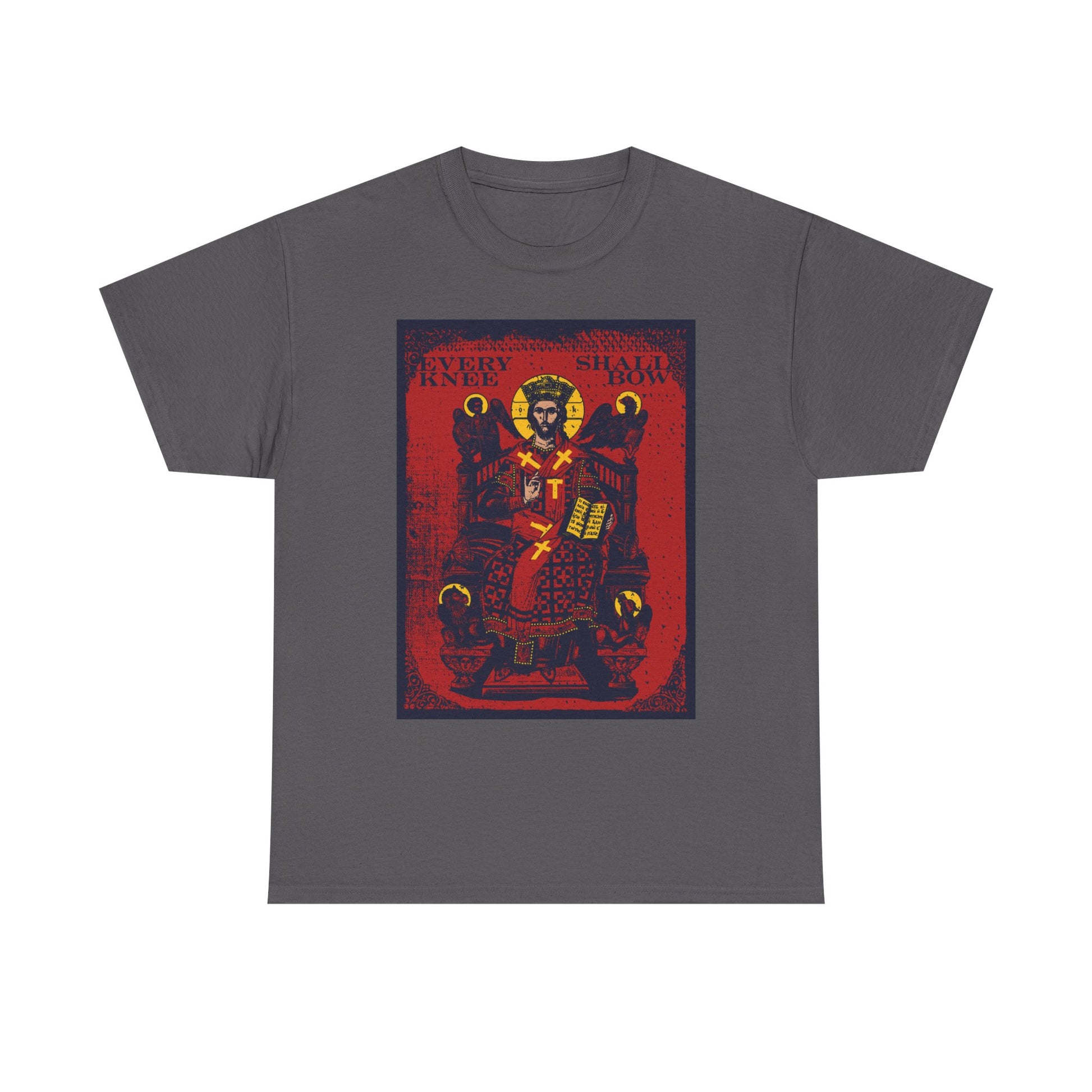 Charcoal "Every Knee Shall Bow" heavy cotton t-shirt showcases a Christ Enthroned iconographic design with Ezekiel's Chariot, inspired by Phil 2:8-11 & Isaiah 45:23, declaring Jesus Christ is Lord.
