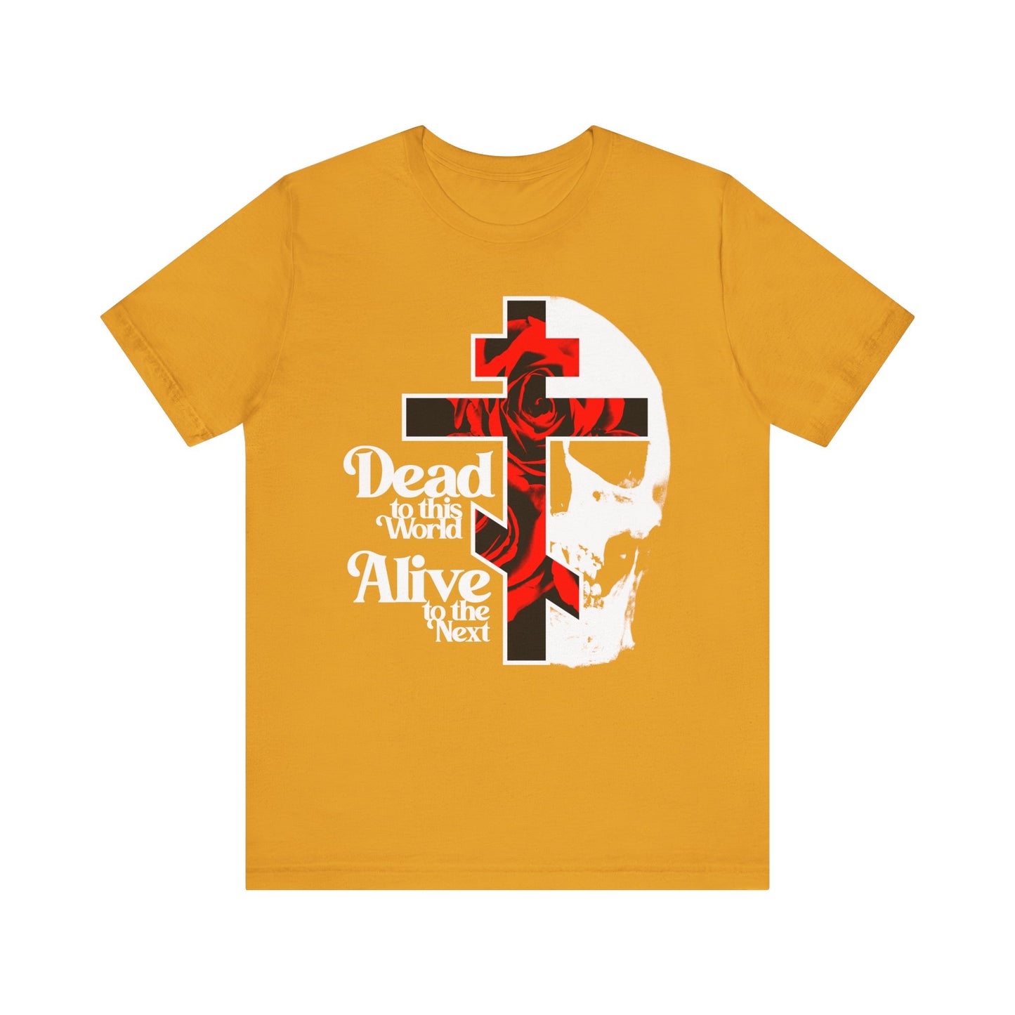 Mustard "Dead to this World" Orthodox Christian tee with a cross, skull, red roses, and 70s typography—a bestselling cotton design inspired by the Ladder of Divine Ascent and spiritual renunciation.