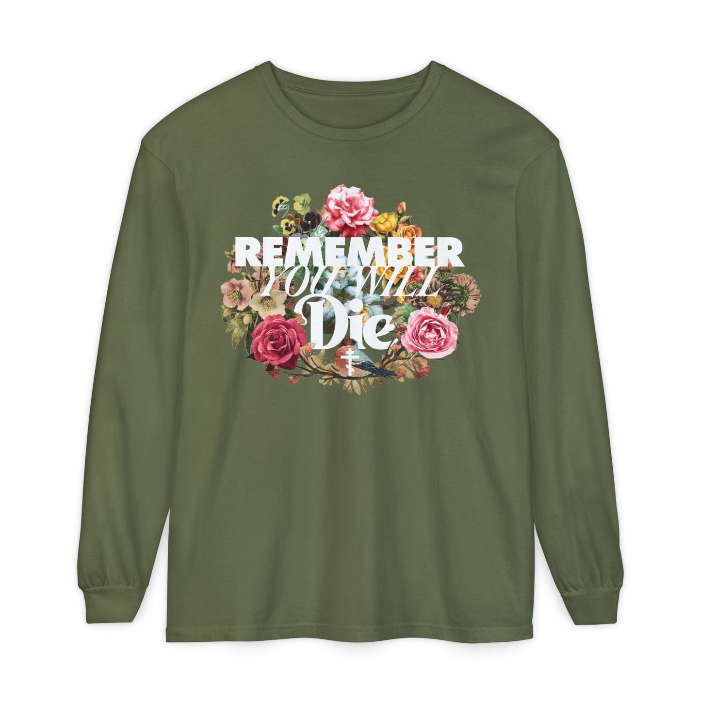 Hemp-colored long sleeve cotton shirt with classic typography, cross, and floral wreath design: "Remember You Will Die"—a memento mori inspired by Orthodox Christian themes.