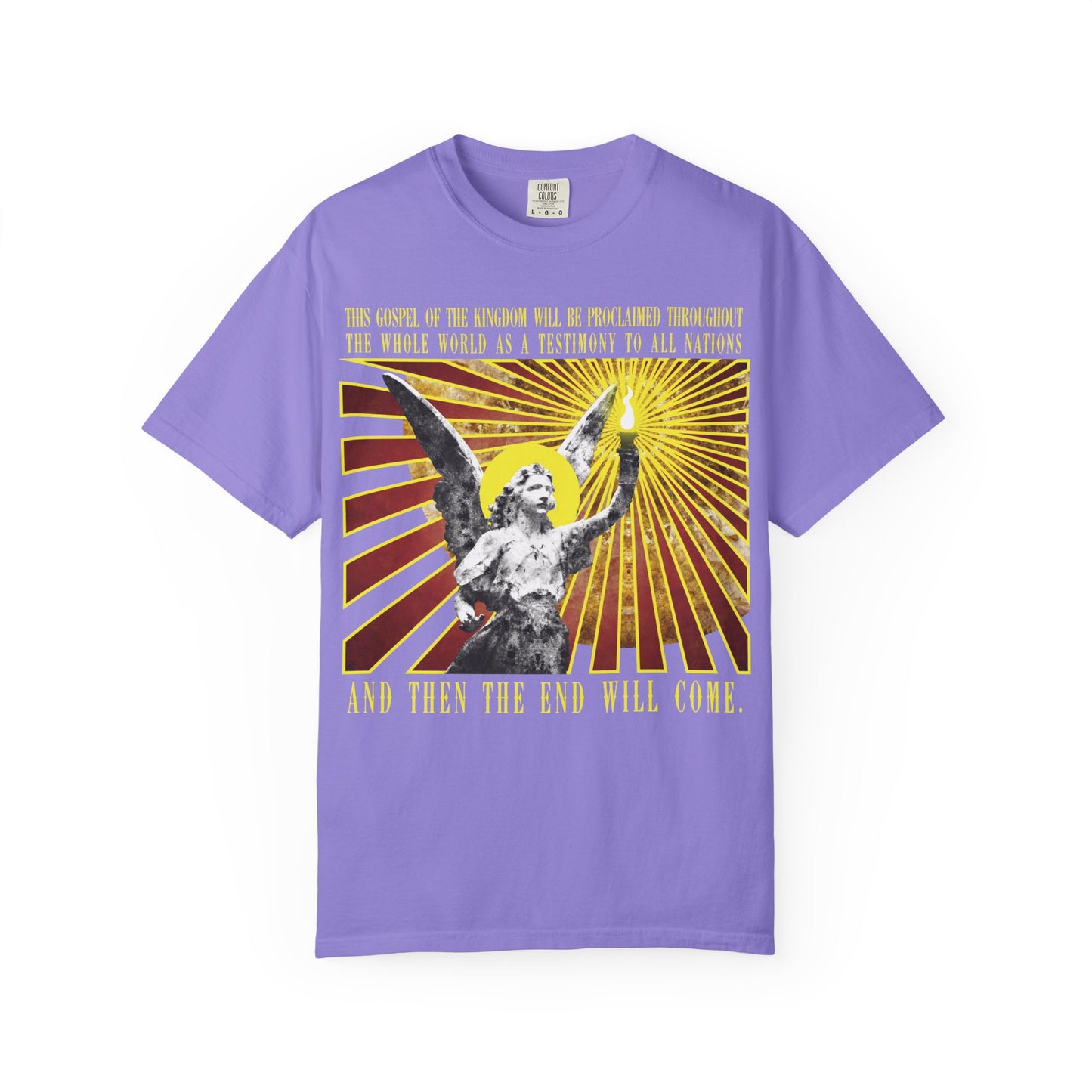 Violet t-shirt titled “And Then the End Will Come (Matthew 24:14),” featuring a cemetery angel holding a lamp emitting radiant rays, adorned with a powerful Christian quote about the gospel, tribulation, and the end of the world.
