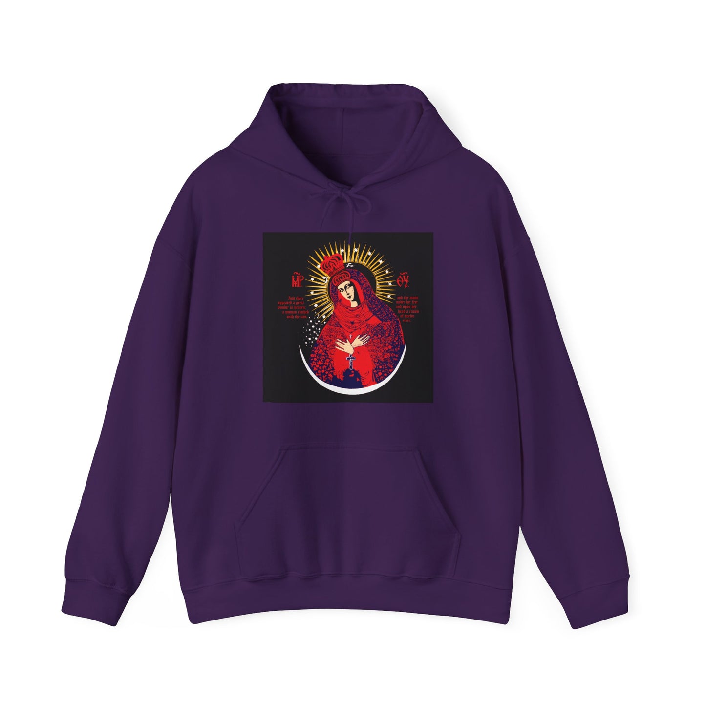 Purple hoodie featuring the "Our Lady the Gate of Dawn Icono-Graphic | Theotokos Crowned | Woman of the Apocalypse" red, blue & gold Orthodox Christian design on the front.